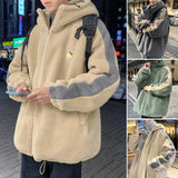 2023 Men Winter Sherpa Jacket Contrast Color Patchwork Fuzzy Coat Hooded Thick Warm Loose Fleece Streetwear Harajuku Parkas