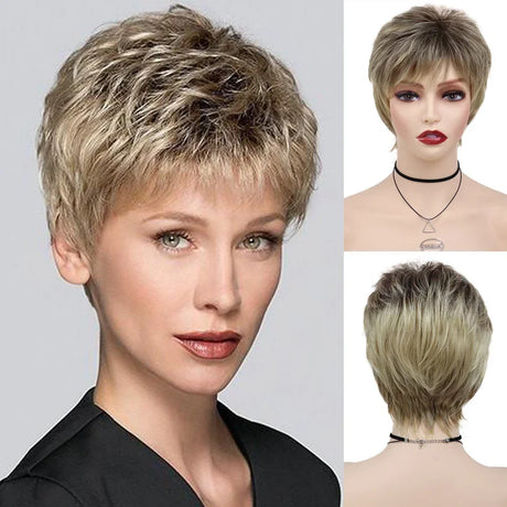 GNIMEGIL Synthetic Short Pixie Cut Wig Women Natural Hairstyle Bangs Wig Blonde Mix Brown Soft Straight Wig for Chemo Patient