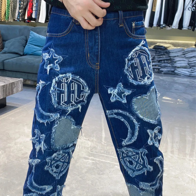 Old Wash Water Stretch Jean Skinny Tapered Trouser Embroidered Hole Patch Jean Hombre Patch Biker Streetwear Ripped Denim Pant