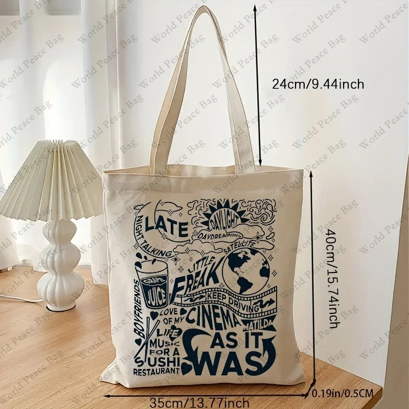 Letter Print Canvas Shopping Bag, Lightweight Portable Square Shoulder Bag, Fashion Large Capacity Tote Bag For Daily Life