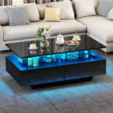 Coffee Table High Glossy LED Coffee Tables for Living Room Black Small Center Table With Open Display Shelf & Sliding Drawers