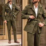 Green Wool Hunting Coat with Belt Vintage Hunting Jacket Coat Pants Casual Wear Men's Suit Two Piece Set