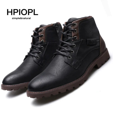 Leather Men Ankle Boots Plus Size High Top Shoes Outdoor Work Casual Shoes Motorcycle Military Combat Boots Fashion Autumn Brown