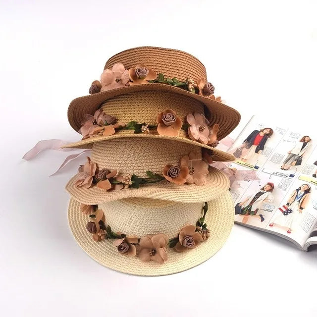 Simple Parent-child Summer New Women's Sun Hat Bucket cap beige lace Bowknot Flowers Ribbon Flat top Straw Hat Beach Caps Panama