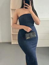 TRAF Off Shoulder Denim Dress Woman Blue Corset Long Dress Women Midi Bodycon Dresses For Women 2023 Elegant Party Dresses