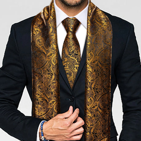 New Fashion Men Scarf Tie Set Blue Gold Jacquard Paisley Silk Autumn Winter Hanky Cufflink Casual Business Shawl Gift Barry.Wang