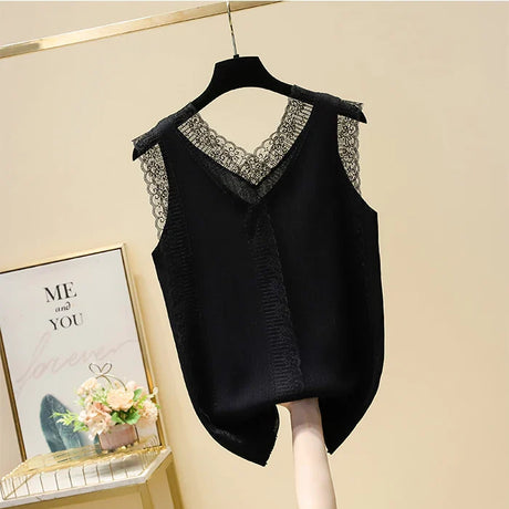 Large Plus Size 3XL 4XL Women Knitted Vest Top 2023 New Summer Lace Patchwork Sweater Tanks & Camis Y2K Sexy  Street Clothing