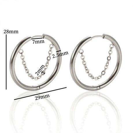 2PC /Set Stainless Steel Small Hoop Earrings for Women Golden Circle Thick Ear Ring Piercing Tassel With Chain Earrings Jewelry