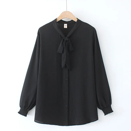 2022 Autumn Plus Size Women Shirt Fashion Solid Color Bow Tie Tops Loose Chiffon Long Sleeve Blouses