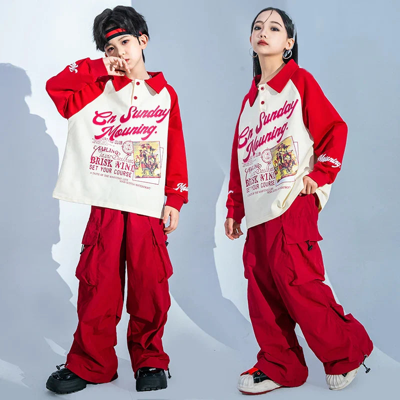 Kids Hip Hop Clothing White Polo Sweatshirt Tops Casual Red Cargo Pants Joggers Street for Girl Boy Jazz Dance Costume Clothes