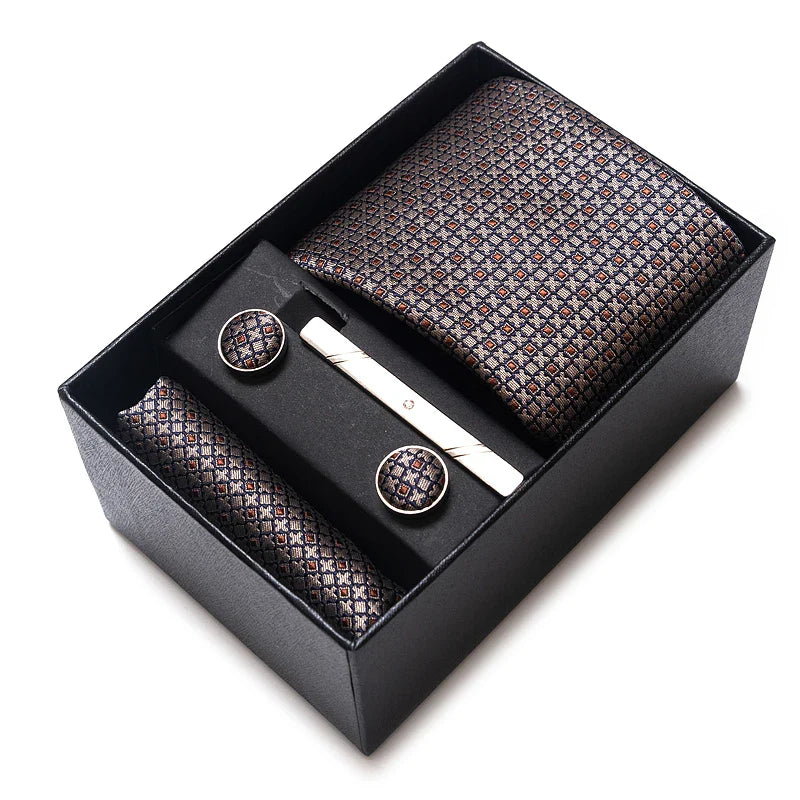 Luxurious Dropshipping 8 cm Birthday Gift Silk Tie Hanky Pocket Squares Cufflink Set Tie Clip Necktie Box Geometric