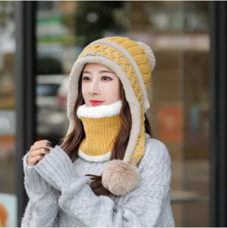 New Knitted Hat Thick Warm Earflap Hats Scarf 2Pcs Set Fleece Lined Ball Pompom Skullies Beanies Women Winter Rabbit Fur Cap