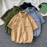 Male Cargo Shirt Lapel Half Sleeve Flap Pockets Casual Shirt Single Breasted Men Shirt Streetwear Summer Casual Top Men Clothing