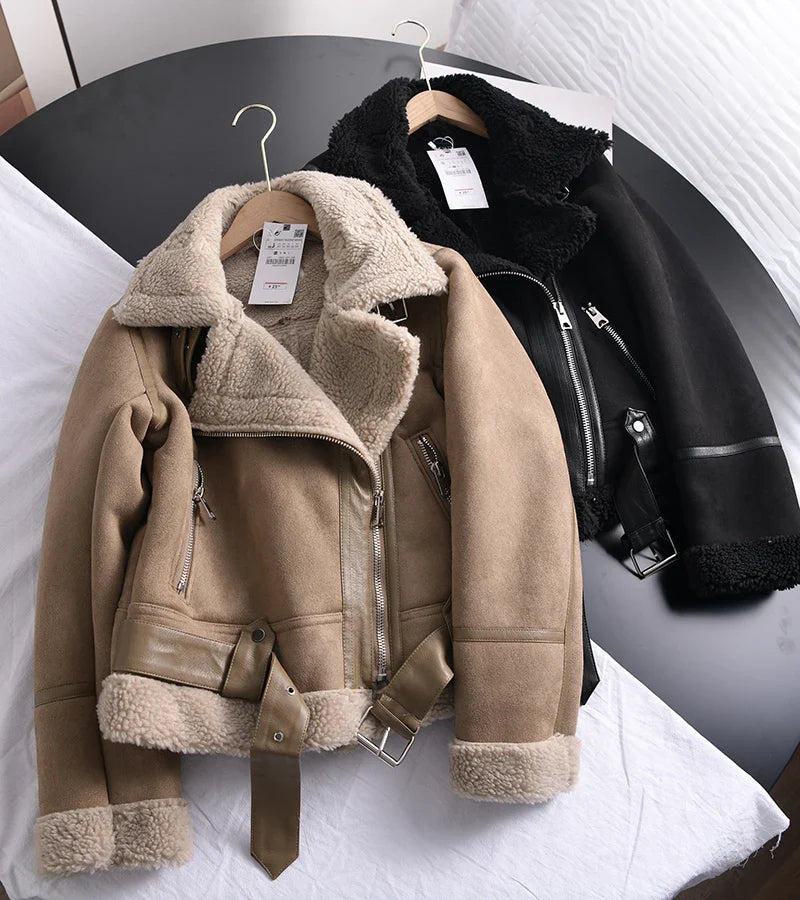 Winter Women Faux Shearling Sheepskin Leather Jackets Outwear Thick Parka Warm Suede Lamb Fur Jacket Short Motorcycle Biker Coat