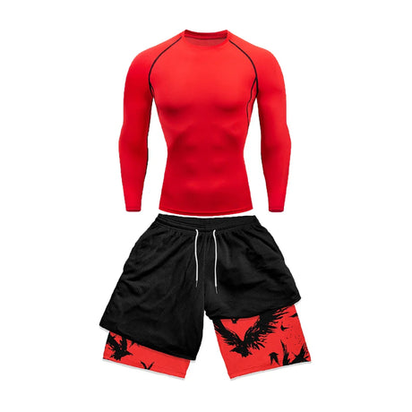 Men's Compression Suit Sports Fitness Quick Drying Suit Tight Short Sleeved Anime Double Layer Shorts Summer