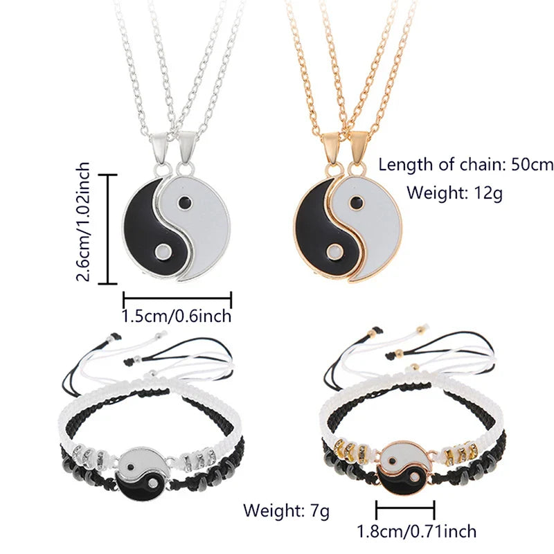 2Pcs Tai Chi Yin Yang Couple Bracelets Necklaces Set Pendant Adjustable Braid Chain Bracelet Matching Lover Bracelets Choker