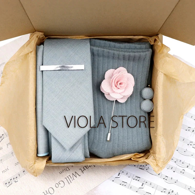 Viola Design 5PCS Gift Box Solid Cotton Sock Tie Sets Clip Pin Cufflinks Hanky Colorful Men Wedding Party Daily Cravat Accessory