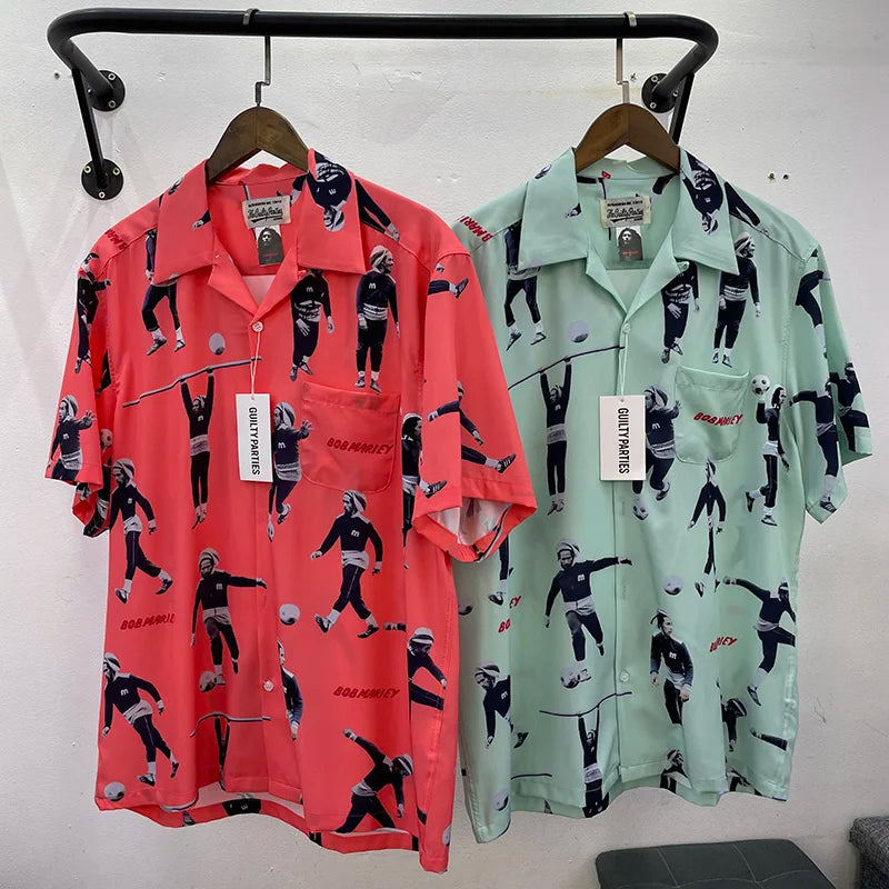 Summer New Wacko Maria Beach Shirt for Men Hip Hop Rose Red Portrait Full Print Harajuku Loose Short Sleeve Marley Same Style