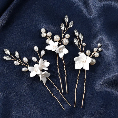 3pcs White Flower U Shaped Hairpin Pearl Elegant Hair Clips Hair Jewelry Accessories For Women Wedding Head Ornaments Hairpins