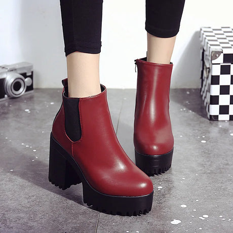 Botas Mujer Fashion Women Boots Square Heel Platforms Zapatos Mujer PU Leather Thigh High Pump Boots Motorcycle Shoes