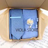 Viola Design 5PCS Gift Box Solid Cotton Sock Tie Sets Clip Pin Cufflinks Hanky Colorful Men Wedding Party Daily Cravat Accessory