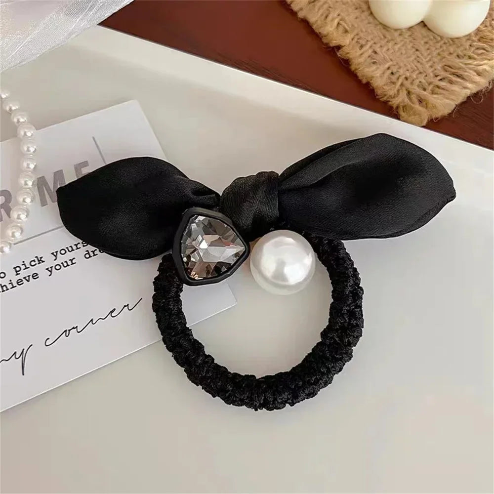 Fashion Seamless Black Hair Ties Rope Simple Pearl Beaded Ponytail Holders Rubber Band With Ribbon For Women Girls