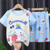 Anime Summer Kids Ice Silk Pajamas Kawaii MyMelodys Kuromis Cinnamorolls Cartoon Short Sleeve Cardigan Loungewear Set