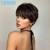 Lekker Wear and Go Short Pixie Cut Straight Bob Human Hair Wig With Bangs For Black Women Brazilian Remy Hair Natural Brown Wigs