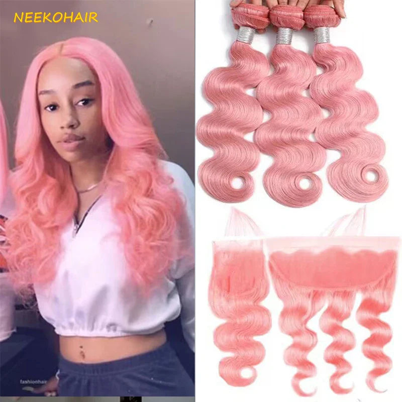 Light Pink Colored Bundles With 13x4 Frontal Weave Body Wave Remy 100% Brazilian Human Hair Pink Bundles With 4X4 Closure