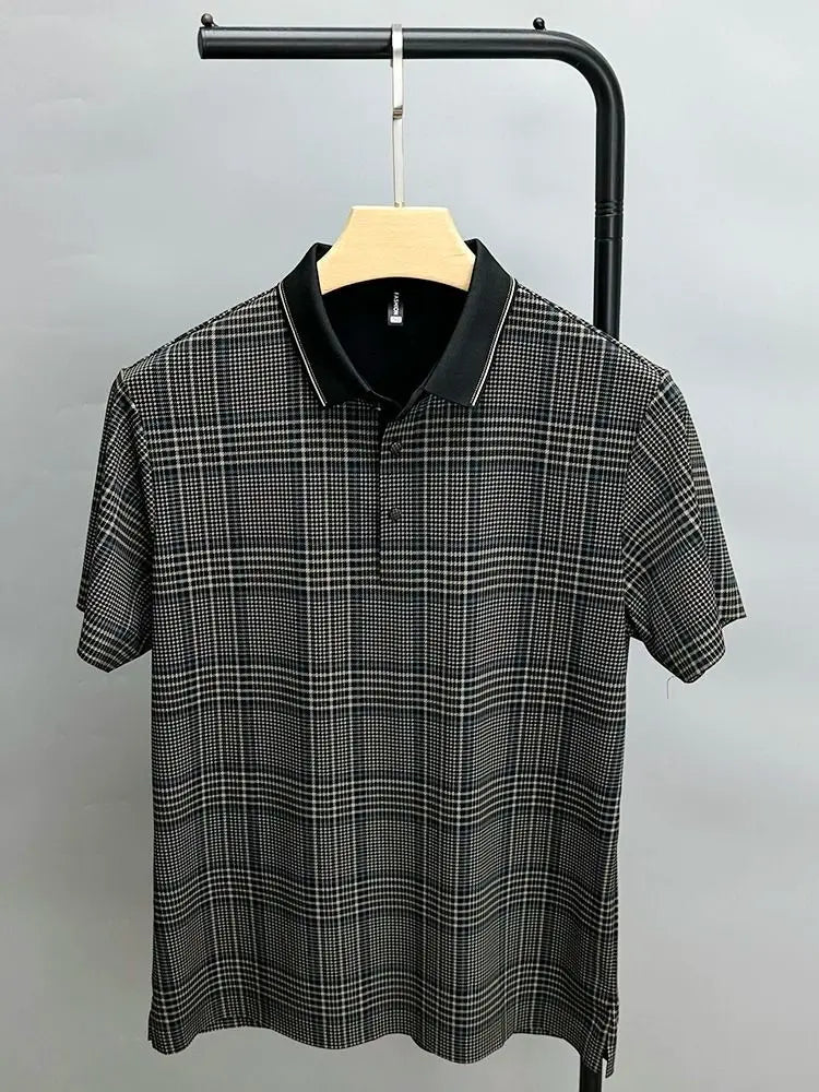 High Quality Luxury Ice Silk Men's Polo Shirt 2024Summer New Lapel Plaid Short Sleeve T-Shirt Britain Street Seamless Men's Wear