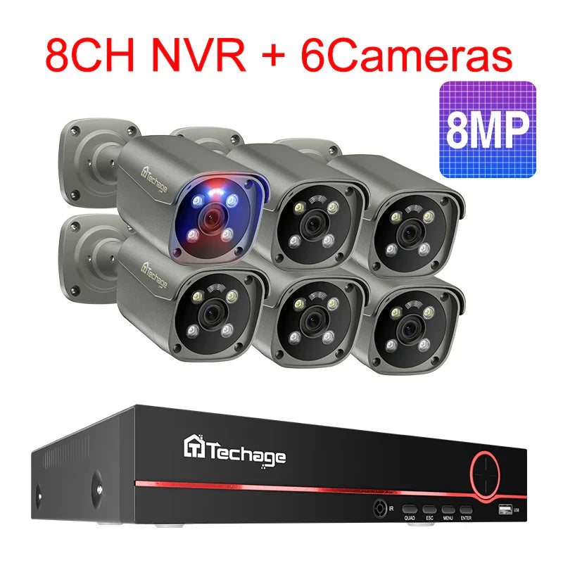 Techage 8CH 5MP 8MP Security Camera System 4K HD POE NVR Kit Two Way Audio Face Detect Outdoor Video Surveillance IP Camera Set