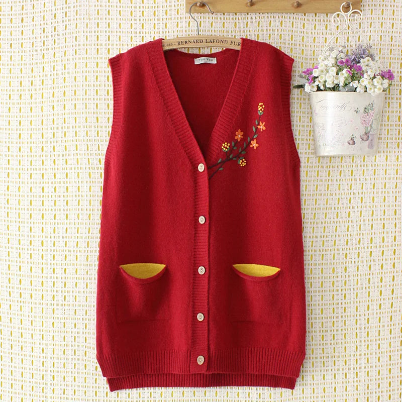 Plus Size Loose Sweaters Vest Women Clothing 4xl Loose Fit High Strecth Knitted Cardigan Floral Embroidered Pocket V-Neck Jumper