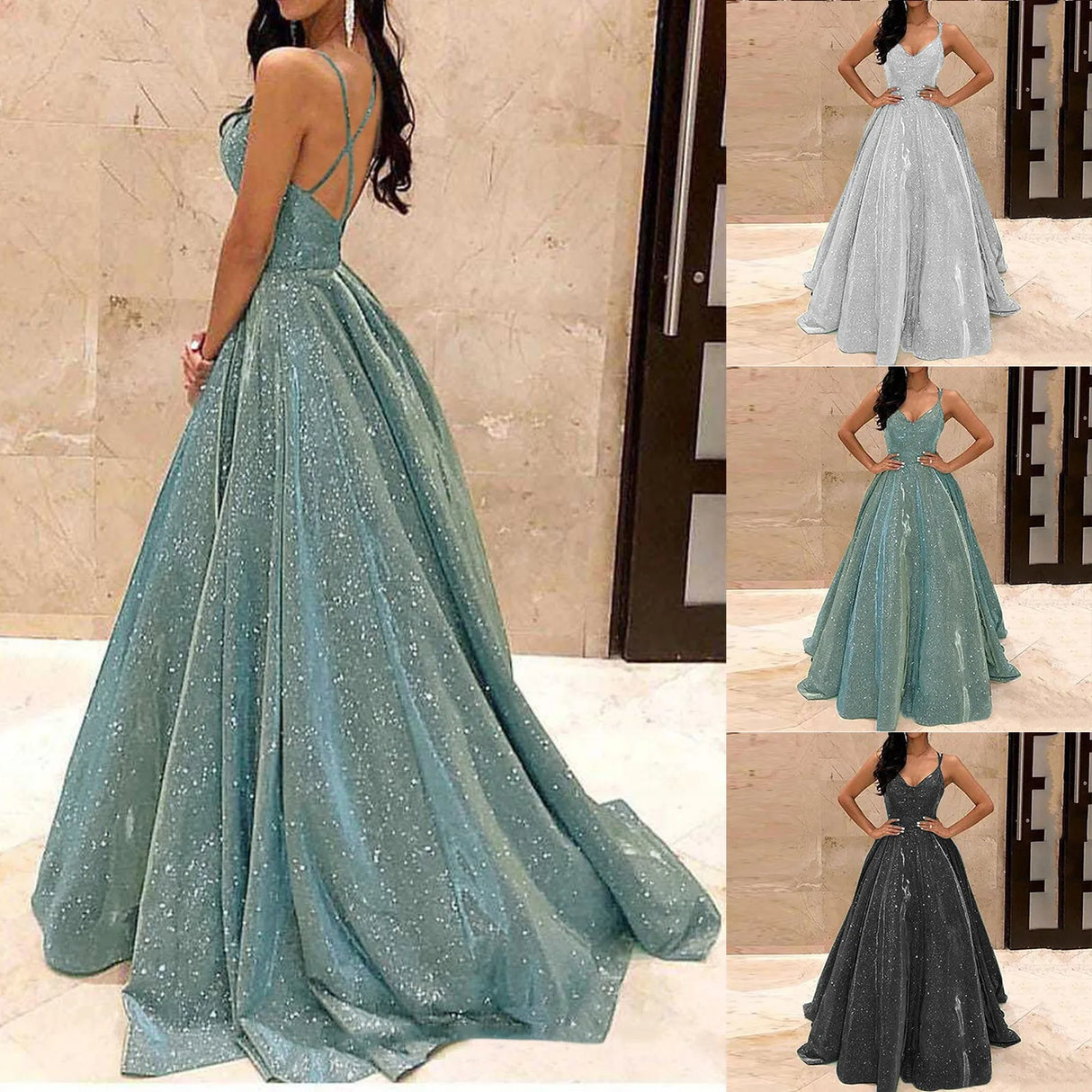 Fall Dresses For Women 2024 Spaghetti Strap Sleeveless Glitter Sequin Big Swing Formal Dresses Elegant Party Evening Dress