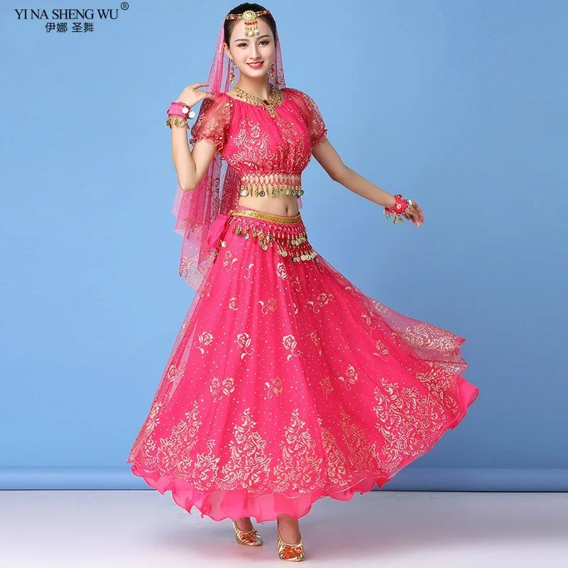 New Bollywood Costume Set Belly Dance Performance Clothes Chiffon Sequin Skirt Set Adult Women Indian Dance Costume Set