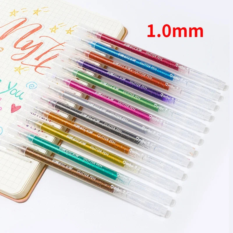 12 Colors/Set Glitter 1.0MM Gel Pens Set for School Office Coloring Book Journals Drawing Doodling Art Markers Promotion Gel Pen