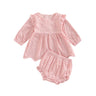 0-24M Toddler Baby Girl Clothes Set Solid Color Cutout Round Neck Long Sleeve T-shirt Tops and Elastic Casual Ruffle Shorts