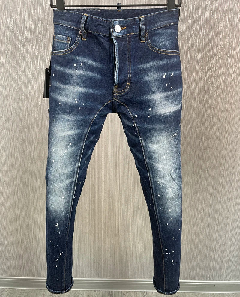 new brand dsq Men Jeans Badge Printed dsq Coolguy Beggar Denim Long Pants Straight Pockets Hole Zipper Button blue jeans pant