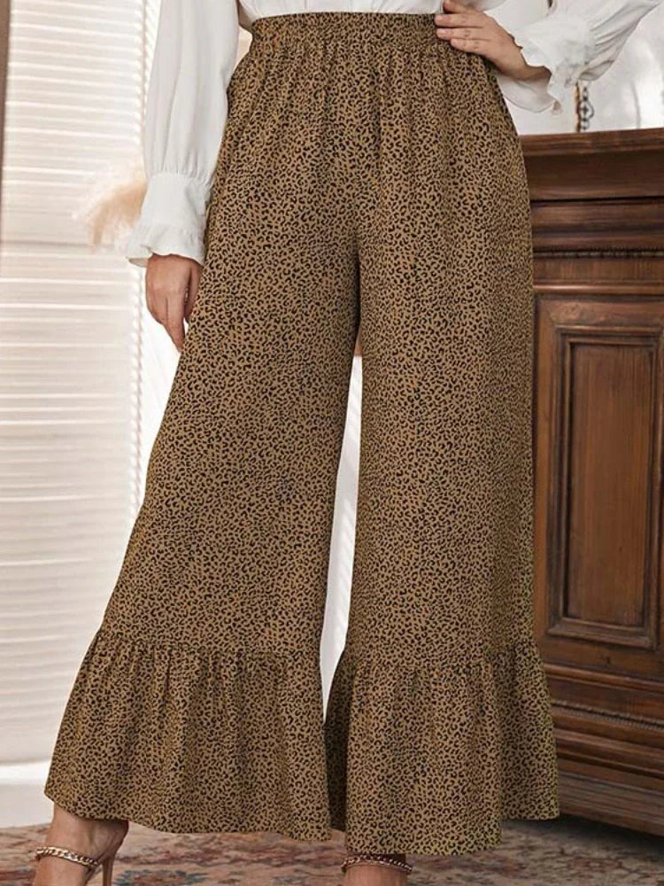 Leopard Printed Pants for Women Office Casual Plus Size High Waist Wide Leg Ankle Length Trousers Autumn Trendy Capris 3XL 4XL