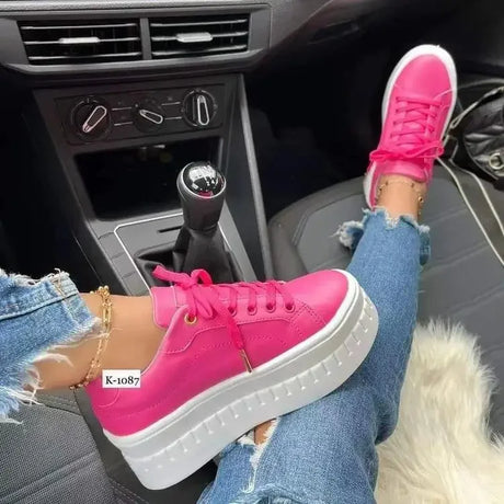 Designer Women Leather Platform Casual Shoes Fashion Solid Color Chunky Heel Sneakers Flat Sports Shoes Female Zapatillas Mujer