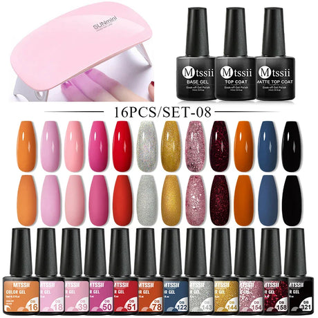 Mtssii  13/16Pcs Gel Nail Polish Set With 36W UV Lamp Dryer Manicure Kit Semi Permanent Soak Off Base Top Coat Nail Art UV Gel