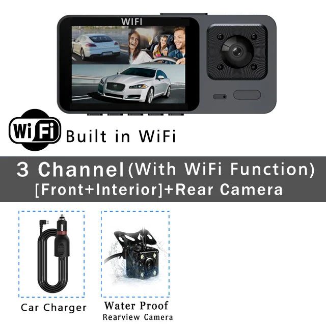 Wifi 3-Channel Car Dvr 3 Camera Dash Cam HD 1080P Dash Camera Dual Lens Dashcam Video Recorder Black Box 24H Parking Monitoring