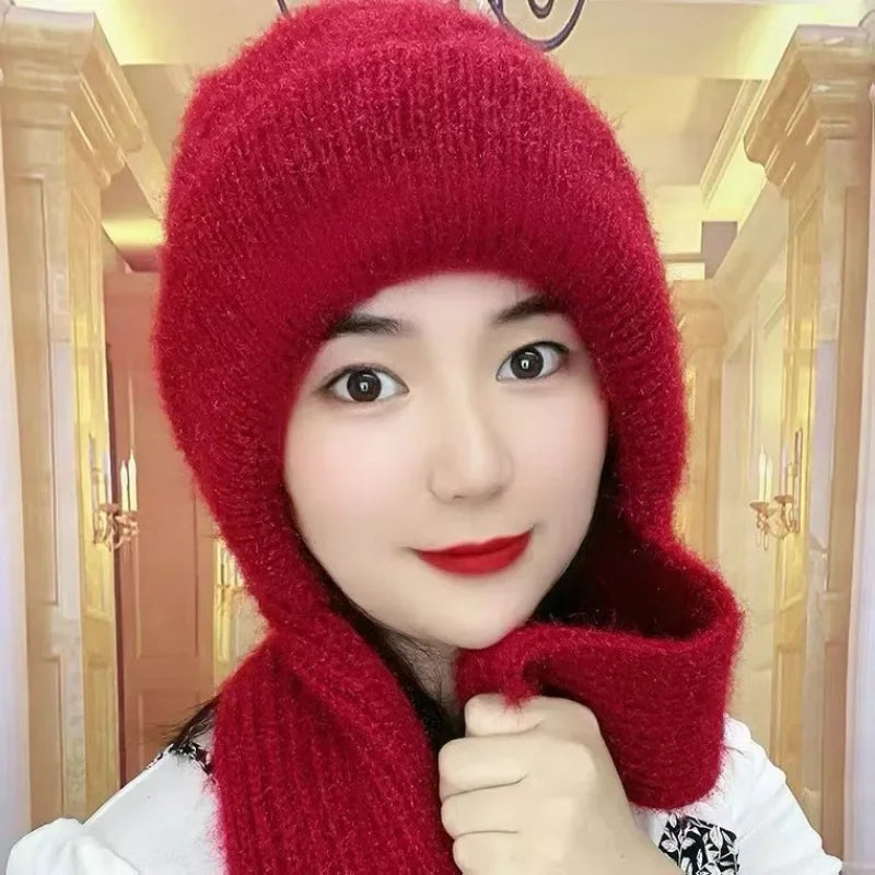 Fashion Winter Women Windproof Hat and Scarf in One Piece Knited Caps Warm Casual Hat Scarf Set Women Caps Warmer Cycling Hat