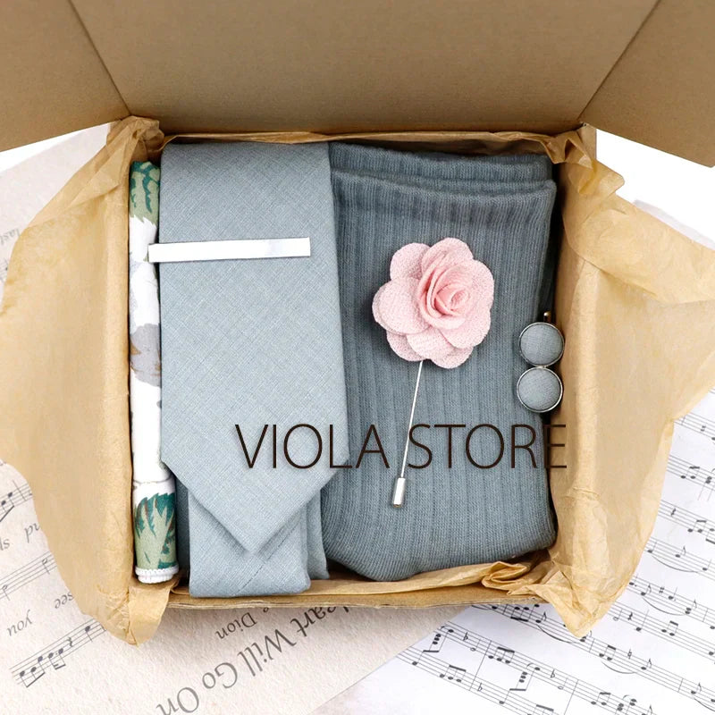 Viola Design 6PCS Gift Box Floral Solid Cotton Sock Tie Sets Clip Pin Cufflinks Hankie Men Wedding Party Daily Cravat Accessory