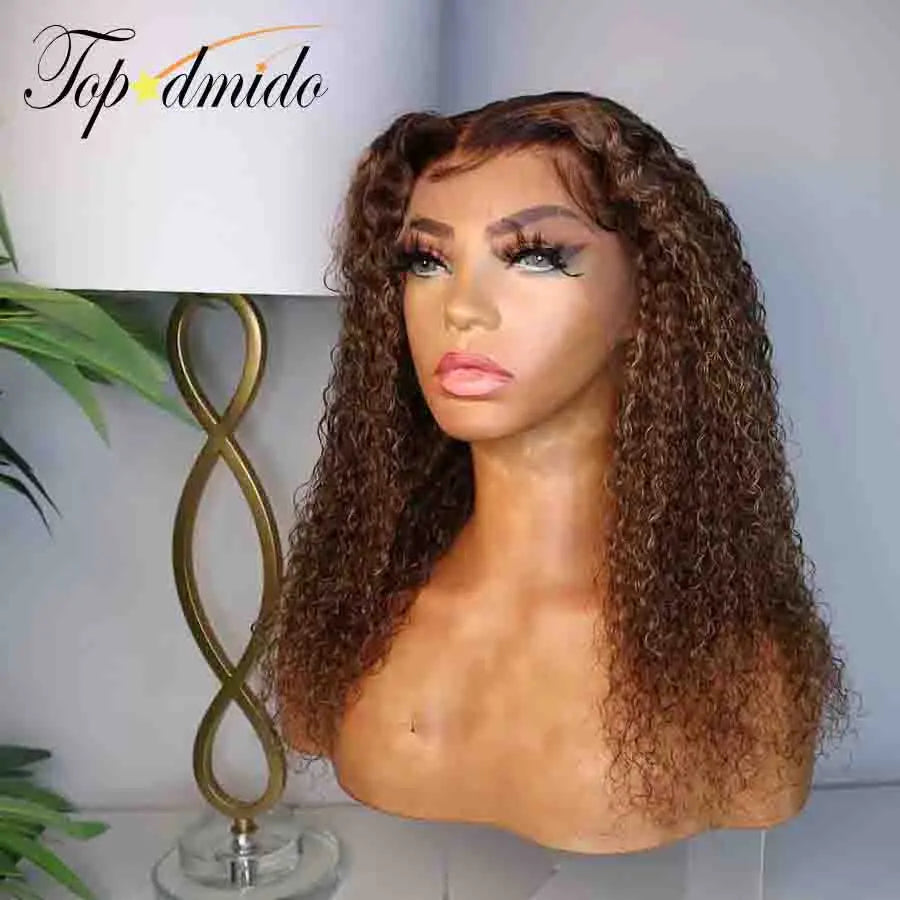 Topodmido Highlight Brown Color Curly 13x6 Lace Wig with Middle Part Brazilian Hair 13x4 Lace Front Wig 4x4 Glueless Lace Wigs