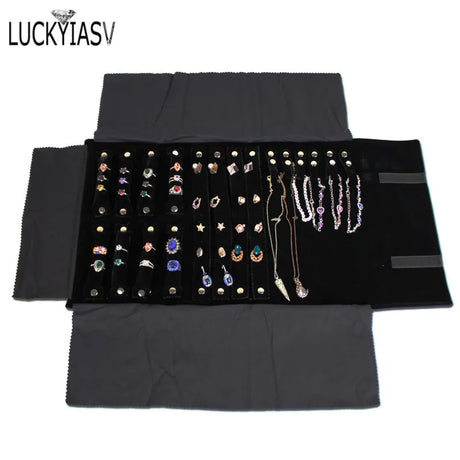 Fashion Black Velvet Zipper Jewelry Roll Bag for Jewellery Ring Earrings Organizer Storage Bag Portable Necklace Display Cases