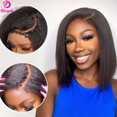 Kinky Straight Edged Bob Wig Human Hair Wigs Pre Plucked Yaki 13X4 Short Bob Lace Front Wig For Woman 4x4 Lace Closure Wig