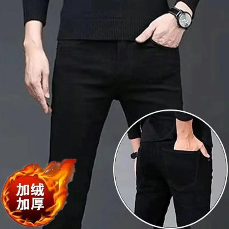 Men's Brushed Jeans Luxury Winter Jeans Velvet Fleece Man Thermal Warm Korean Versatile Elastic Plush Thicken Slim Pencil Pants