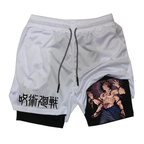 Itadori Yuji 2 in 1 Compression Shorts for Men Anime Jujutsu Kaisen Performance Shorts Basketball Sports Gym Shorts with Pockets