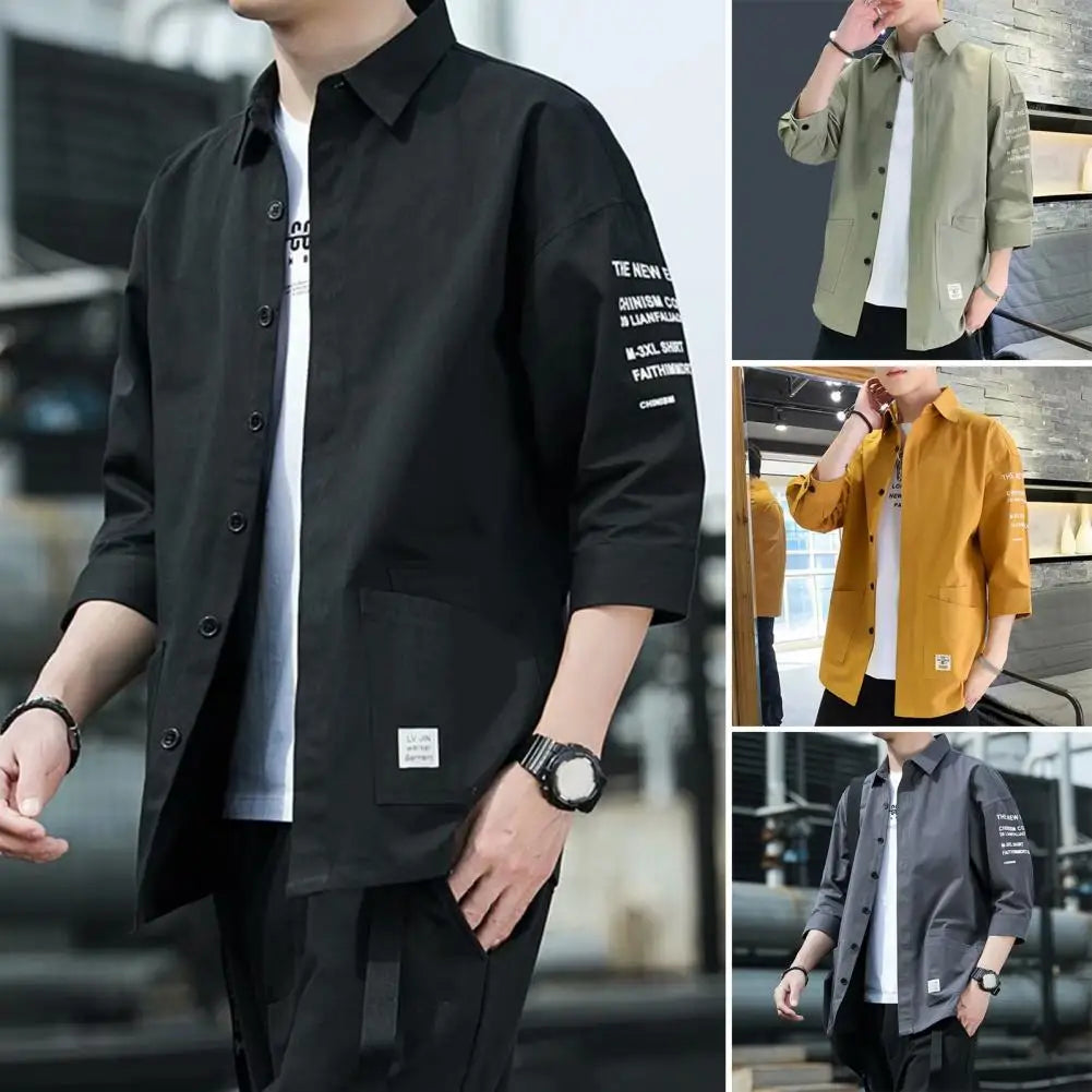 Men Three-quarter Sleeve Shirt Japanese Style Casual Jacket Men's Japanese Style Casual Cargo Shirt Coat with for Spring