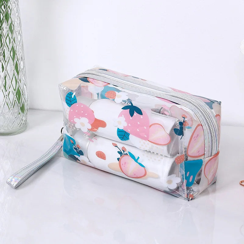 Strawberry Butterfly Fruit Print Clear Makeup Bag Fashion Transparent Travel Fashion Wash Storage Bags Women PVC Cosmetic Bag